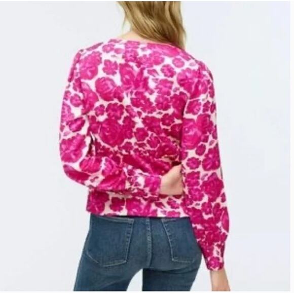 J.Crew Barbie Pink Floral Print Deep V-neck Faux Button Front Fitted Blouse // 2 - Picture 3 of 13